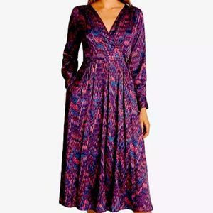 TAHARI PLUM TEAL ABSTRACT LONG SLEEVE FAUX WRAP DRESS SIZE 14